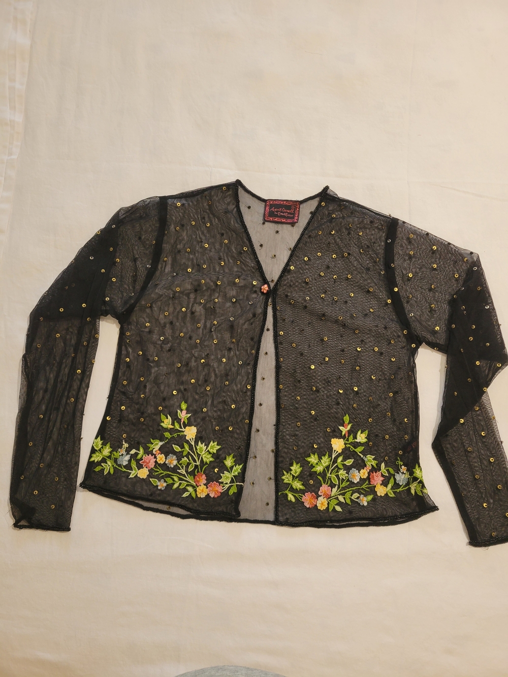 April Cornell Black Sheer Mesh Cardigan with Red Logo Trim